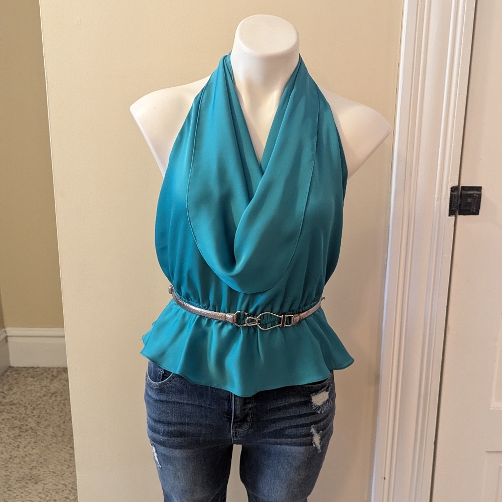 Vintage teal peplum top with cowl neck size S
